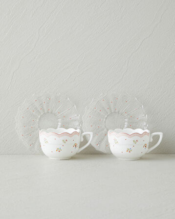 Daisy Days New Bone China 4 Parça 2 Kişilik Cam Tabaklı Kahve Fincan Takımı 80 ml Pembe - Yeşil