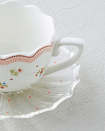 Daisy Days New Bone China 4 Parça 2 Kişilik Cam Tabaklı Kahve Fincan Takımı 80 ml Pembe - Yeşil