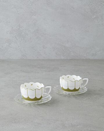 Purepetal New Bone China 4 Parça 2 Kişilik Cam Tabaklı Kahve Fincan Takımı 80 ml Yeşil