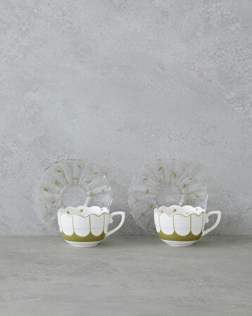 Purepetal New Bone China 4 Parça 2 Kişilik Cam Tabaklı Kahve Fincan Takımı 80 ml Yeşil