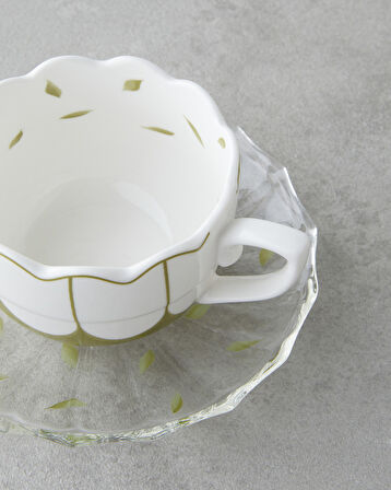 Purepetal New Bone China 4 Parça 2 Kişilik Cam Tabaklı Kahve Fincan Takımı 80 ml Yeşil