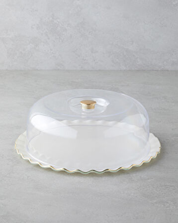 Lustre Cam Kapaklı Kek Standı 31 cm Krem-Gold
