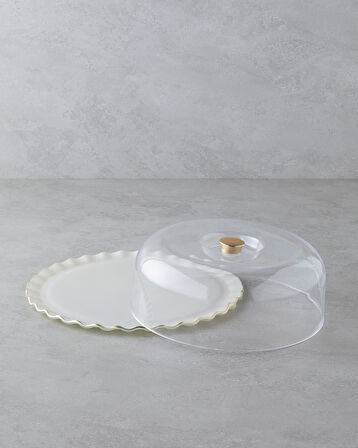 Lustre Cam Kapaklı Kek Standı 31 cm Krem-Gold