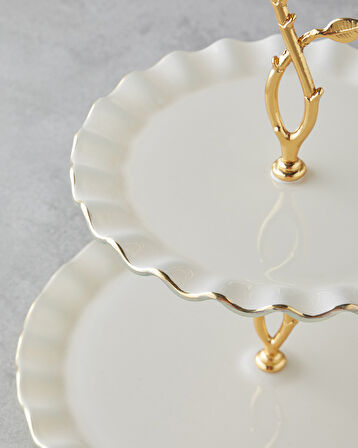 Lustre Cam Katlı Servis 20+26 cm Krem-Gold