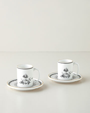 White Chic Bone Porselen 4 Parça 2 Kişilik Kahve Fincan Takımı 90 ml Siyah-Beyaz-Gold