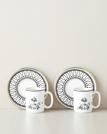 White Chic Bone Porselen 4 Parça 2 Kişilik Kahve Fincan Takımı 90 ml Siyah-Beyaz-Gold