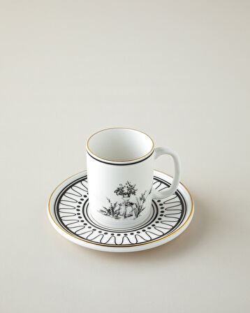 White Chic Bone Porselen 4 Parça 2 Kişilik Kahve Fincan Takımı 90 ml Siyah-Beyaz-Gold