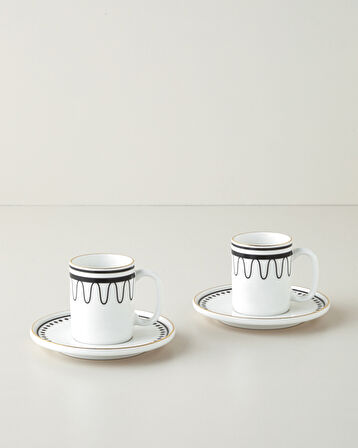 Glowy White Bone Porselen 4 Parça 2 Kişilik Kahve Fincan Takımı 90 ml Siyah-Beyaz-Gold