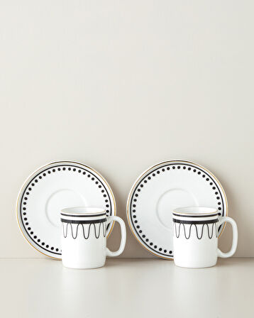 Glowy White Bone Porselen 4 Parça 2 Kişilik Kahve Fincan Takımı 90 ml Siyah-Beyaz-Gold