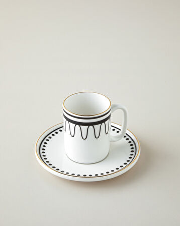 Glowy White Bone Porselen 4 Parça 2 Kişilik Kahve Fincan Takımı 90 ml Siyah-Beyaz-Gold