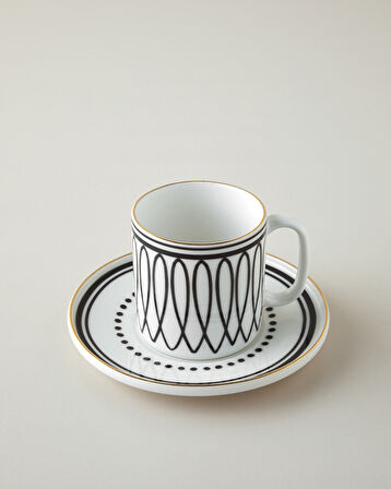 White Angles Bone Porselen 4 Parça 2 Kişilik Çay Fincanı Takımı 180 ml Siyah-Beyaz-Gold