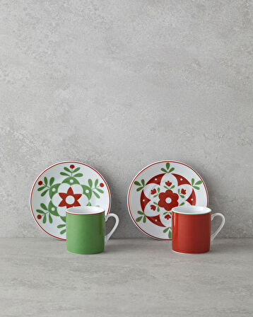 Vivy Porselen 4 Parça 2 Kişilik Kahve Fincan Takımı 80 ml Bordo-Yeşil