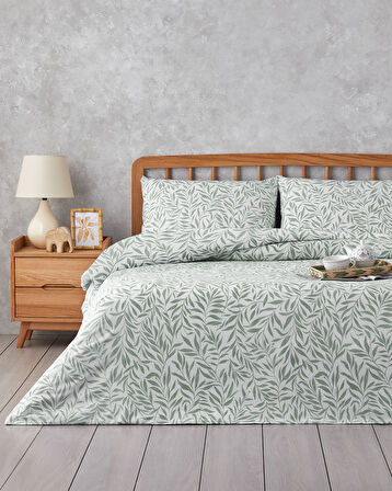Leaf Dream Kolay Ütülenir Çift Kişilik Nevresim Takımı 200x220 cm Yeşil