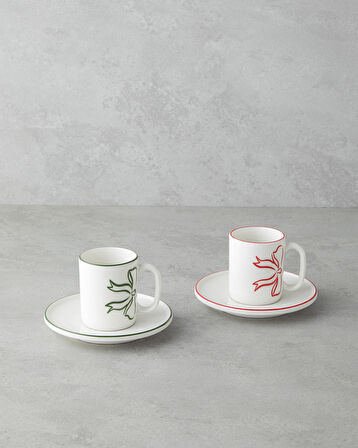 Bowsie Bone Porselen 4 Parça 2 Kişilik Kahve Fincan Takımı 90 ml Kırmızı - Yeşil