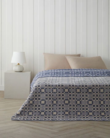 Echo Plaid Pamuklu Çift Kişilik Battaniye 200x220 cm Mavi