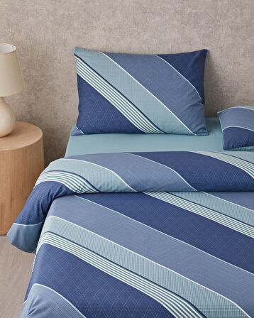 Parallel Patch Kolay Ütülenir Tek Kişilik Nevresim Takımı 160x220 cm Koyu Mavi-Seledon
