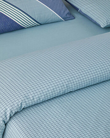 Parallel Patch Kolay Ütülenir Tek Kişilik Nevresim Takımı 160x220 cm Koyu Mavi-Seledon