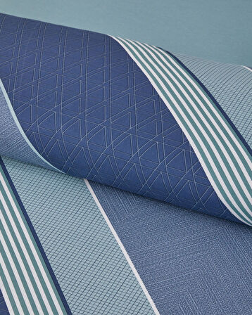 Parallel Patch Kolay Ütülenir Tek Kişilik Nevresim Takımı 160x220 cm Koyu Mavi-Seledon