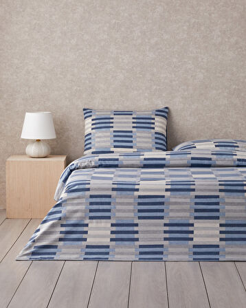 Blockform Kolay Ütülenir Çift Kişilik Nevresim Takımı 200x220 cm Koyu Mavi-Bej