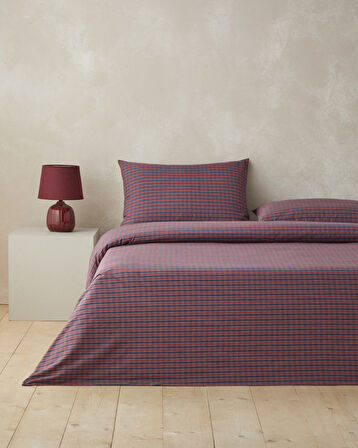 Tile Check İpliği Boyalı Çift Kişilik Nevresim Takımı 200x220 cm Lacivert-Kırmızı
