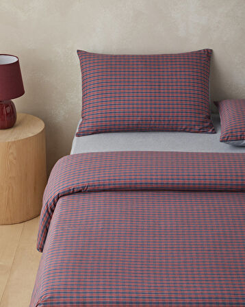 Tile Check İpliği Boyalı Çift Kişilik Nevresim Takımı 200x220 cm Lacivert-Kırmızı