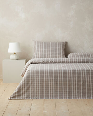 Glen Plaid İpliği Boyalı Tek Kişilik Nevresim Takımı 160x220 cm Koyu Bej