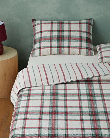Winter Check Flanel Çift Kişilik Nevresim Takımı 200x220 cm Yeşil – Kırmızı