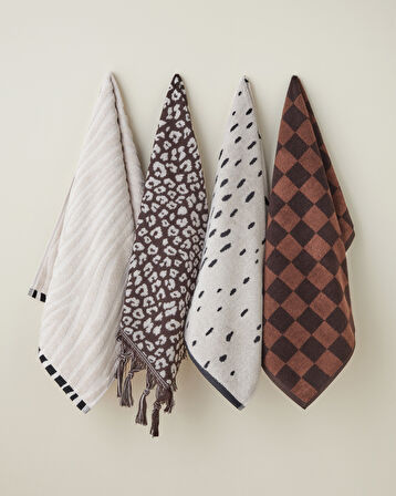 Noir Leopard Pamuk Püsküllü Yüz Havlusu 50x80 cm Ekru-Kahve