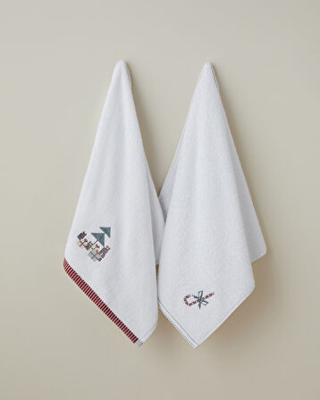 Candy Cane Pamuk Nakışlı Yüz Havlusu 50x80 cm Beyaz