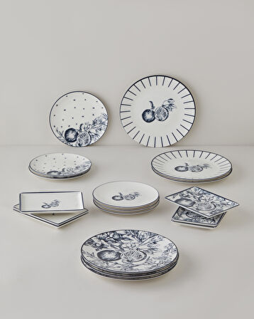 Pomara Porselen Kahvaltı ve Sunum Seti 18 Parça 6 Kişilik Lacivert-Beyaz