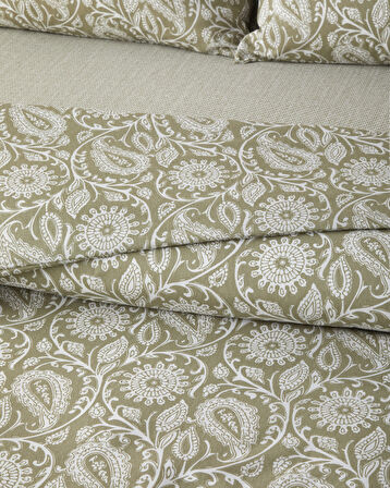 Ethnic Charm Kolay Ütülenir Tek Kişilik Nevresim Takımı 160x220 cm Yağ Yeşili