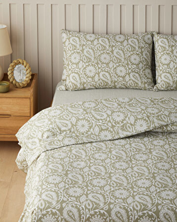 Ethnic Charm Kolay Ütülenir Çift Kişilik Nevresim Takımı 200x220 cm Yağ Yeşili
