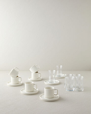 Lunara Porselen 18 Parça 6 Kişilik Çay-Kahve Takımı 170-90 ml Beyaz