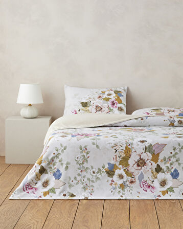 Bloomora Dijital Baskılı Kolay Ütülenir  Tek Kişilik Nevresim Takımı 160x220 cm Bej-Sarı