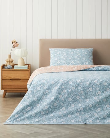 Floria Kolay Ütülenir Tek Kişilik Çarşaflı Nevresim Takımı 160x220 cm Mavi-Turuncu