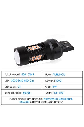 T20 W21 5w 7443 Canbus Gündüz Farı Sinyal Sis Geri Vites Ampulü 21 Led Turuncu 3030smd Led Çip