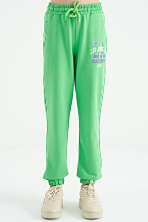 Neon Yeşil Yazı Nakışlı Standart Kalıp Jogger Kız Çocuk Eşofman Alt - 75120 | 14-15 Yaş