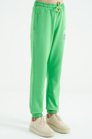 Neon Yeşil Yazı Nakışlı Standart Kalıp Jogger Kız Çocuk Eşofman Alt - 75120 | 14-15 Yaş