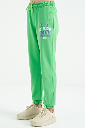 Neon Yeşil Yazı Nakışlı Standart Kalıp Jogger Kız Çocuk Eşofman Alt - 75120 | 9-10 Yaş