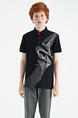 Siyah Baskı Detaylı Standart Kalıp Polo Yaka Erkek Çocuk T-Shirt - 11164 | 14-15