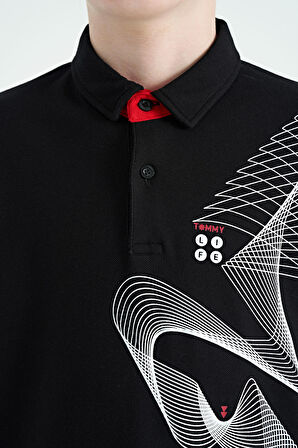 Siyah Baskı Detaylı Standart Kalıp Polo Yaka Erkek Çocuk T-Shirt - 11164 | 14-15