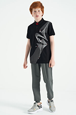Siyah Baskı Detaylı Standart Kalıp Polo Yaka Erkek Çocuk T-Shirt - 11164 | 14-15