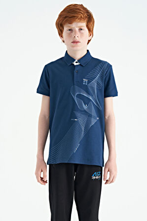 İndigo Baskı Detaylı Standart Kalıp Polo Yaka Erkek Çocuk T-Shirt - 11164