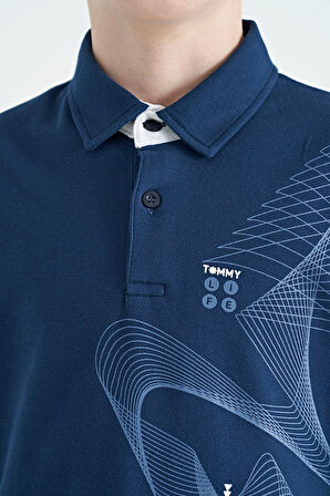 İndigo Baskı Detaylı Standart Kalıp Polo Yaka Erkek Çocuk T-Shirt - 11164
