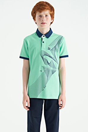 Su Yeşili Baskı Detaylı Standart Kalıp Polo Yaka Erkek Çocuk T-Shirt - 11164 | 12-13