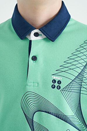 Su Yeşili Baskı Detaylı Standart Kalıp Polo Yaka Erkek Çocuk T-Shirt - 11164 | 12-13