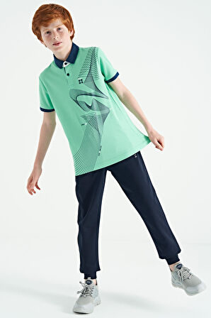 Su Yeşili Baskı Detaylı Standart Kalıp Polo Yaka Erkek Çocuk T-Shirt - 11164 | 12-13