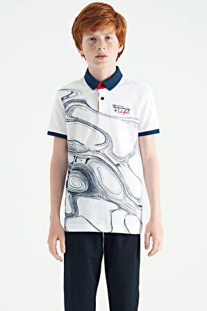 Beyaz Baskı Detaylı Standart Kalıp Polo Yaka Erkek Çocuk T-Shirt - 11165 | 14-15
