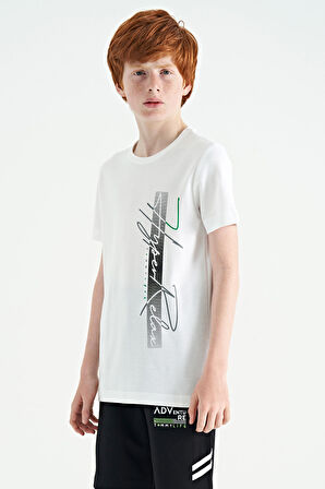Beyaz Yazı Baskılı O Yaka Standart Kalıp Erkek Çocuk T-Shirt - 11119 | 9-10 Yaş