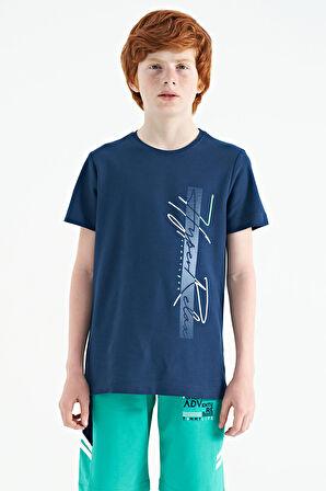 İndigo Yazı Baskılı O Yaka Standart Kalıp Erkek Çocuk T-Shirt - 11119